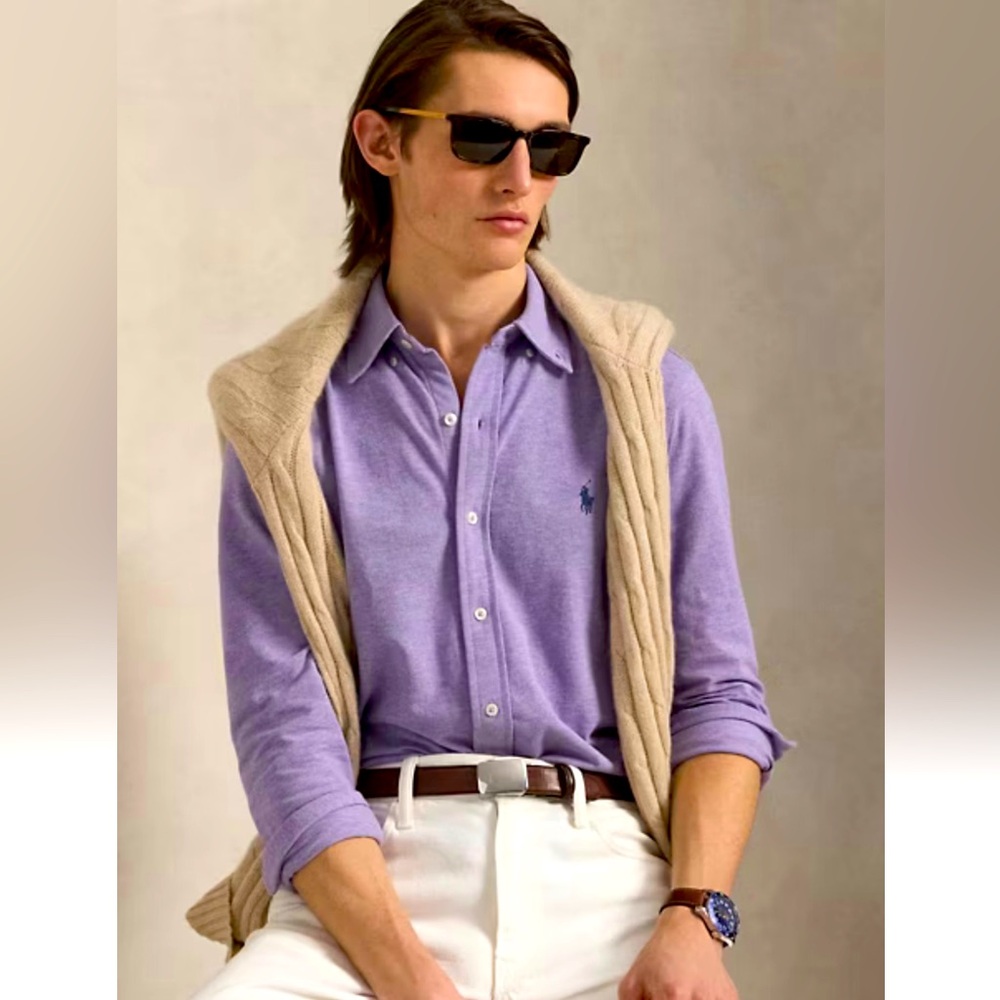 Ralph Lauren Men’s Featherweight Mesh Button Lavender Polo Shirt in Medium